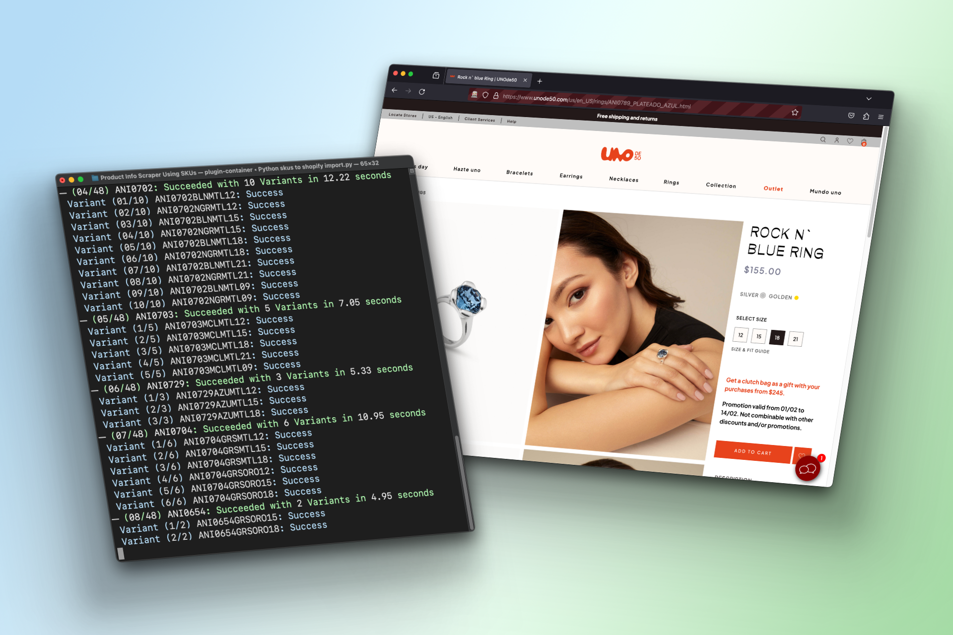 Screenshot of product information scraping tool